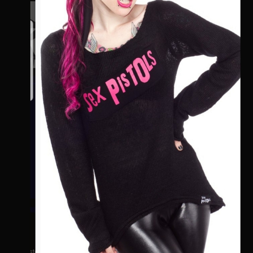 Sourpuss Sex Pistols Offically Licensed Pink Logo Black Sweater Johnny Rotten